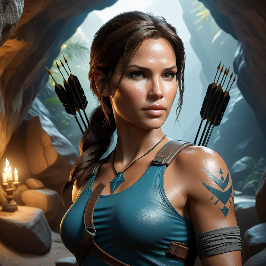 Matte portrait of a beautiful Lara Croft in a cave with arrows, 8k, Highly Detailed, Intricate, Realistic, Sharp Focus, Volumetric Lighting, Fantasy, Elegant by Stanley Artgerm Lau, WLOP, Stefan Kostic