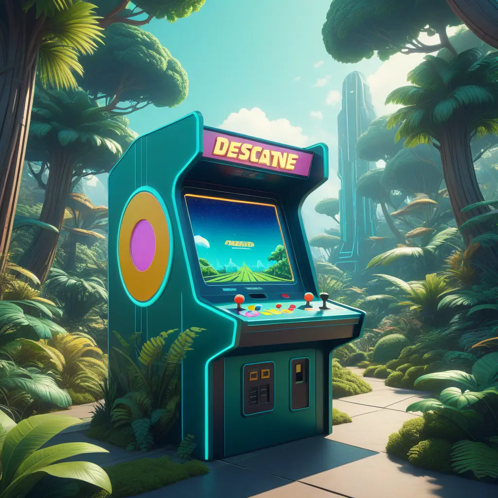 80s futuristic outdoor retro arcade, desolate, lush vegetation, Highly Detailed, Intricate, Artstation, Sharp Focus, Smooth, Octane Render, Centered, Dynamic, Elegant by Beeple, Justin Gerard, James Gilleard, Simon Stalenhag