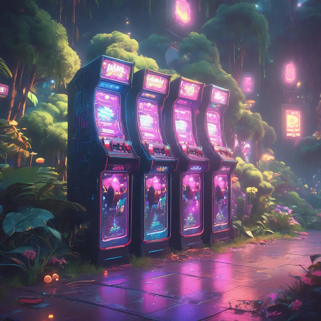 80s futuristic outdoor retro arcade, desolate, lush vegetation, Highly Detailed, Intricate, Artstation, Sharp Focus, Smooth, Octane Render, Centered, Dynamic, Elegant by Beeple, Justin Gerard, James Gilleard, Simon Stalenhag