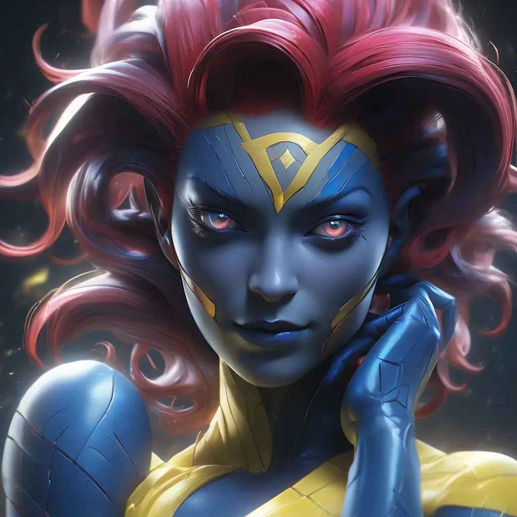 Alluring matte portrait of a beautiful Mystique from Xmen in the style of Stefan Kostic, 8k, Highly Detailed, Intricate, Half Body, Realistic, Sharp Focus, Volumetric Lighting, Fantasy, Elegant by Stanley Artgerm Lau, Greg Rutkowski