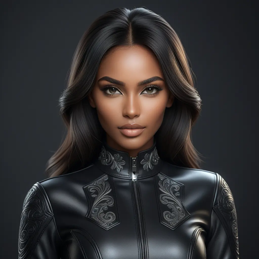 Alluring matte half body portrait of a beautiful Samira wearing tight black leather, 8k, Highly Detailed, Intricate, Realistic, Sharp Focus, Volumetric Lighting, Fantasy, Elegant by Stanley Artgerm Lau, WLOP