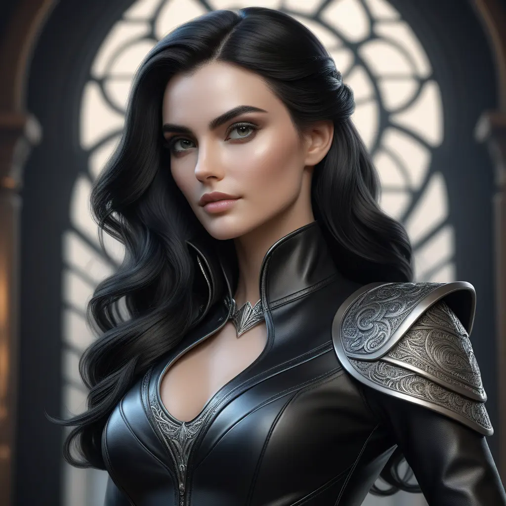 Alluring matte half body portrait of a beautiful Morgana wearing tight black leather, 8k, Highly Detailed, Intricate, Realistic, Sharp Focus, Volumetric Lighting, Fantasy, Elegant by Stanley Artgerm Lau, WLOP