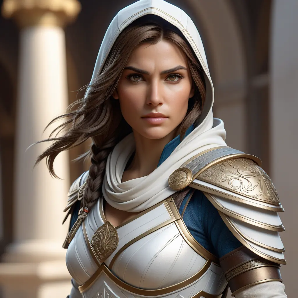 Alluring matte portrait of a fierce looking Kassandra in white Assassin's Creed armor, 8k, Highly Detailed, Intricate, Half Body, Realistic, Sharp Focus, Volumetric Lighting, Fantasy, Elegant by Stanley Artgerm Lau, Alphonse Mucha, WLOP