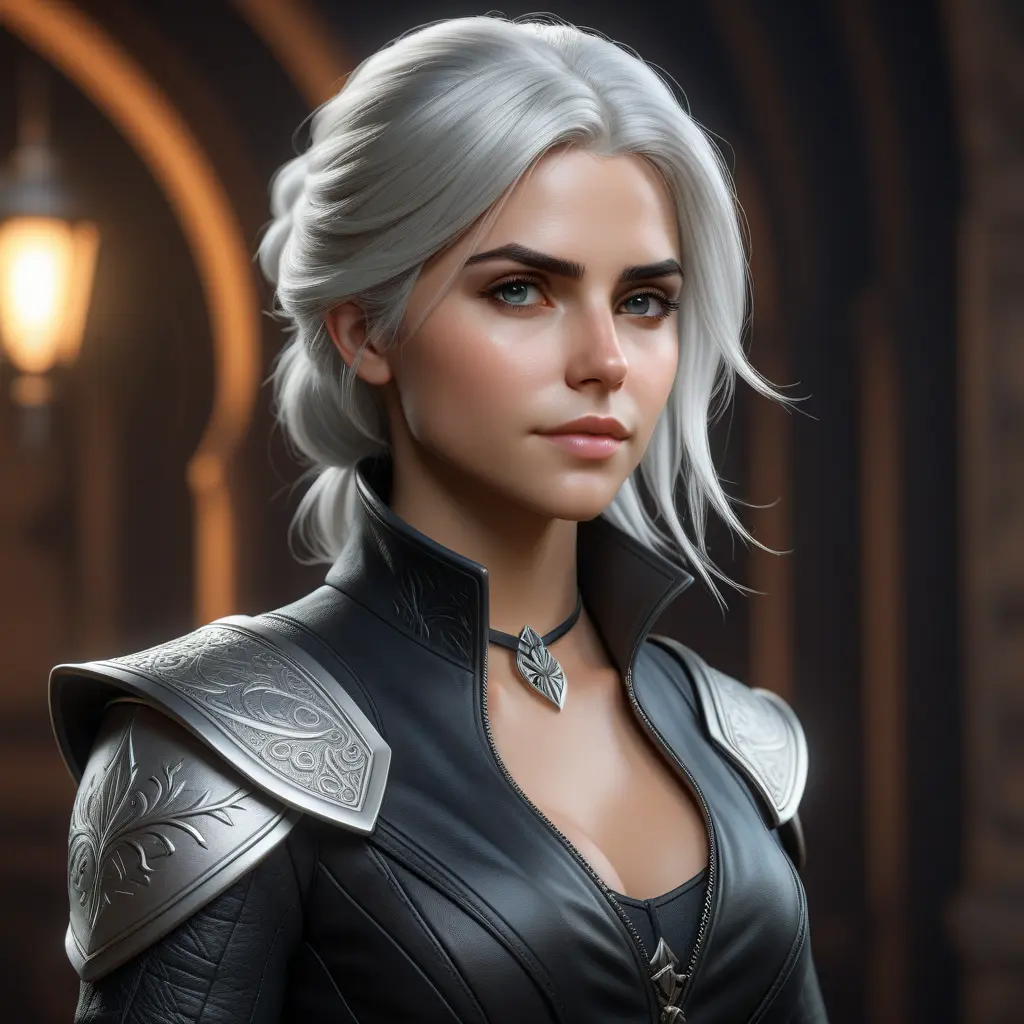 Alluring matte half body portrait of a beautiful Ciri wearing tight black leather, 8k, Highly Detailed, Intricate, Realistic, Sharp Focus, Volumetric Lighting, Fantasy, Elegant by Stanley Artgerm Lau, WLOP