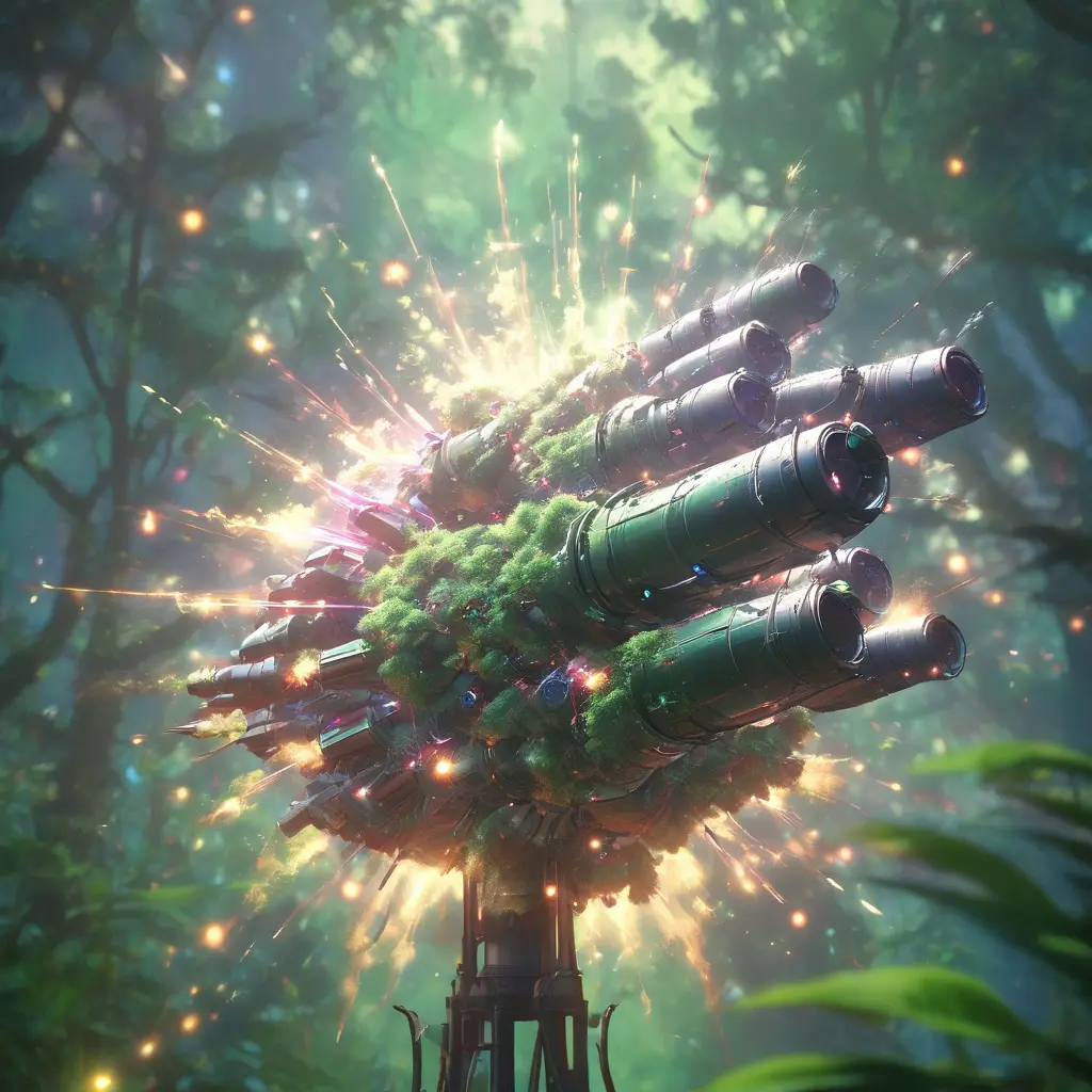 Studio ghibli, rocket explosion, jungle, solar, green technology, optimist future, 8k, Bokeh effect, Cinematic Lighting, Iridescence, Vibrant by Greg Rutkowski, WLOP