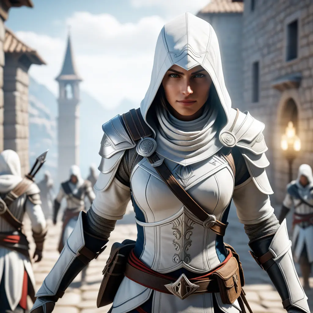 A female assassin in white Assassins Creed armor emerging from battle, 8k, Artstation, Beautiful, Unreal Engine, Volumetric Lighting