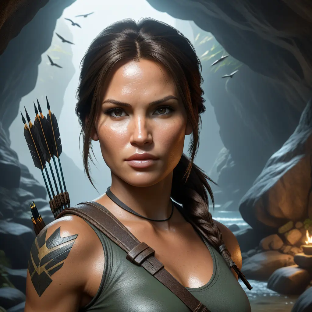 Matte portrait of a beautiful Lara Croft in a cave with arrows, 8k, Highly Detailed, Intricate, Realistic, Sharp Focus, Volumetric Lighting, Fantasy, Elegant by Stanley Artgerm Lau, WLOP, Stefan Kostic