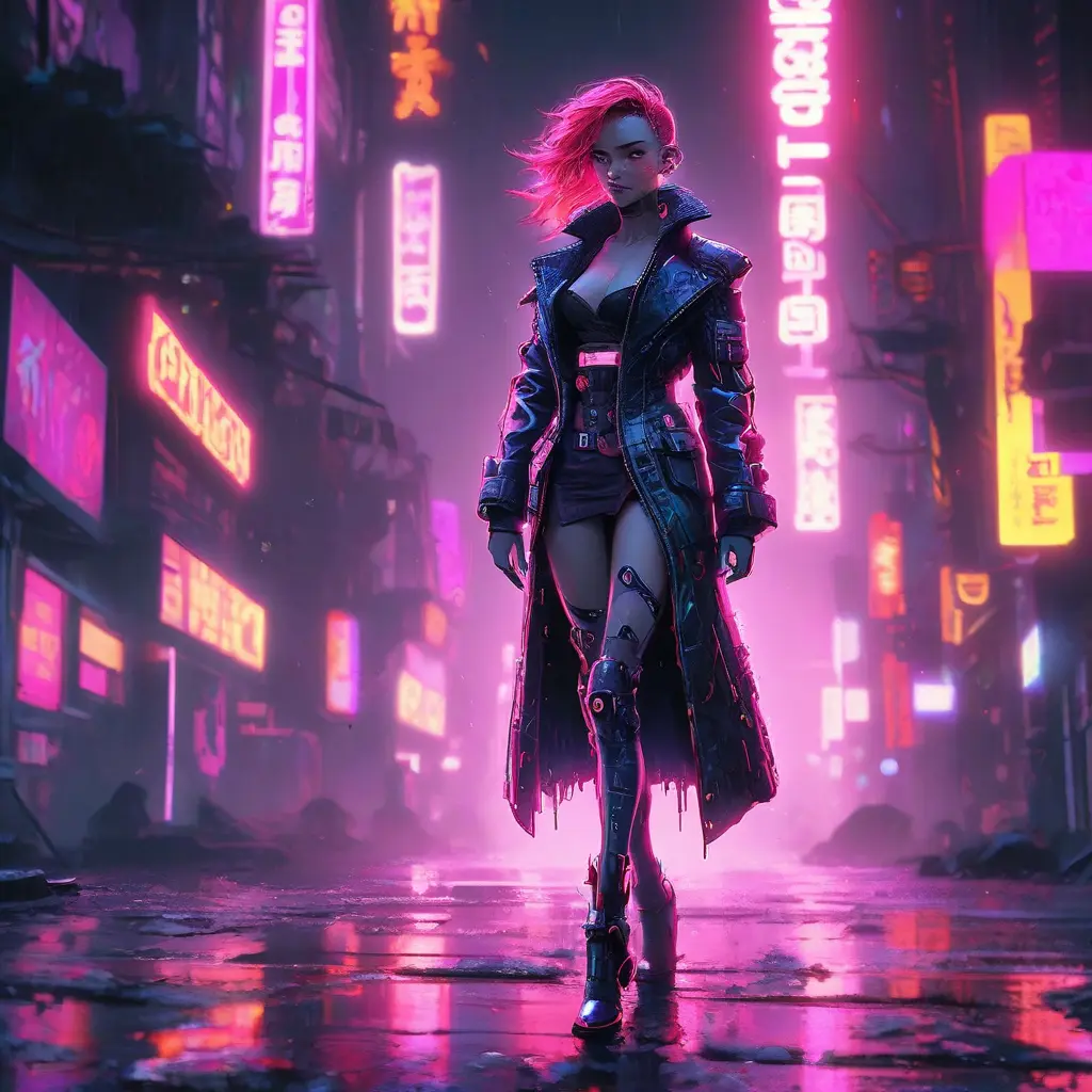 full body shot, beautiful woman walking with beatiful and detailed eyes, dynamic pose, slightly athletic beatiful body, medium-sized chest, detailed attire, Hyper Detailed, Intricate Artwork, Masterpiece, Cybernatic and Sci-Fi, Cyberpunk, Freckles, Full Lips, Red Hair, Smiling, Digital Illustration, Cityscape, Blade Runner 2049, Neon light effect, Realistic, Sharp Focus, Wide Angle, Neon, Dripping Colors, Matte, Futurism, Artwork, Dieselpunk, Colorful, Dynamic, Elegant, Expressive, Graceful, Hot, Gloomy, Sad, Stormy, Terrifying, Tired