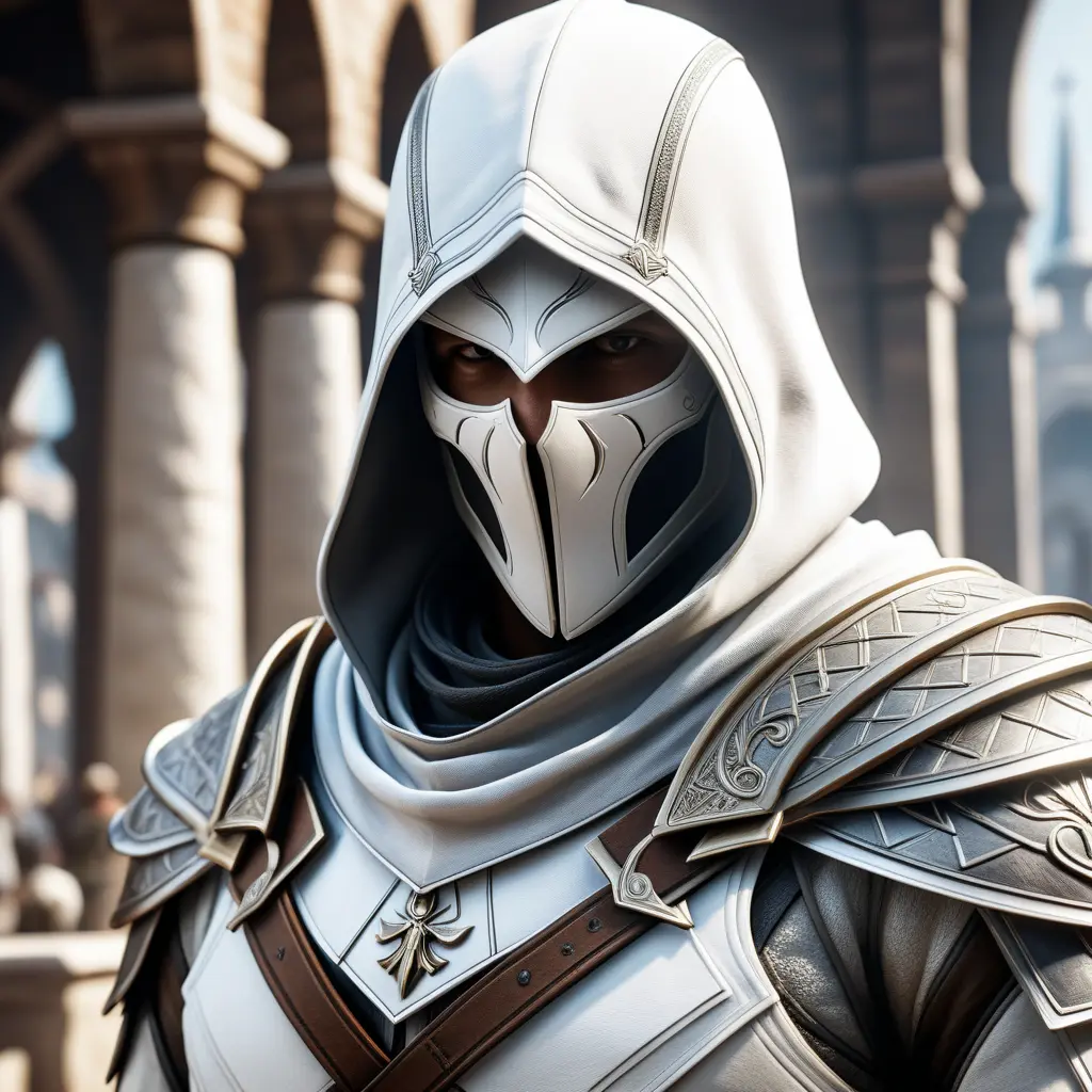 A closeup of an assassin in white Assassins Creed armor, 8k, Highly Detailed, Artstation, Beautiful, Digital Illustration, Sharp Focus, Unreal Engine, Concept Art