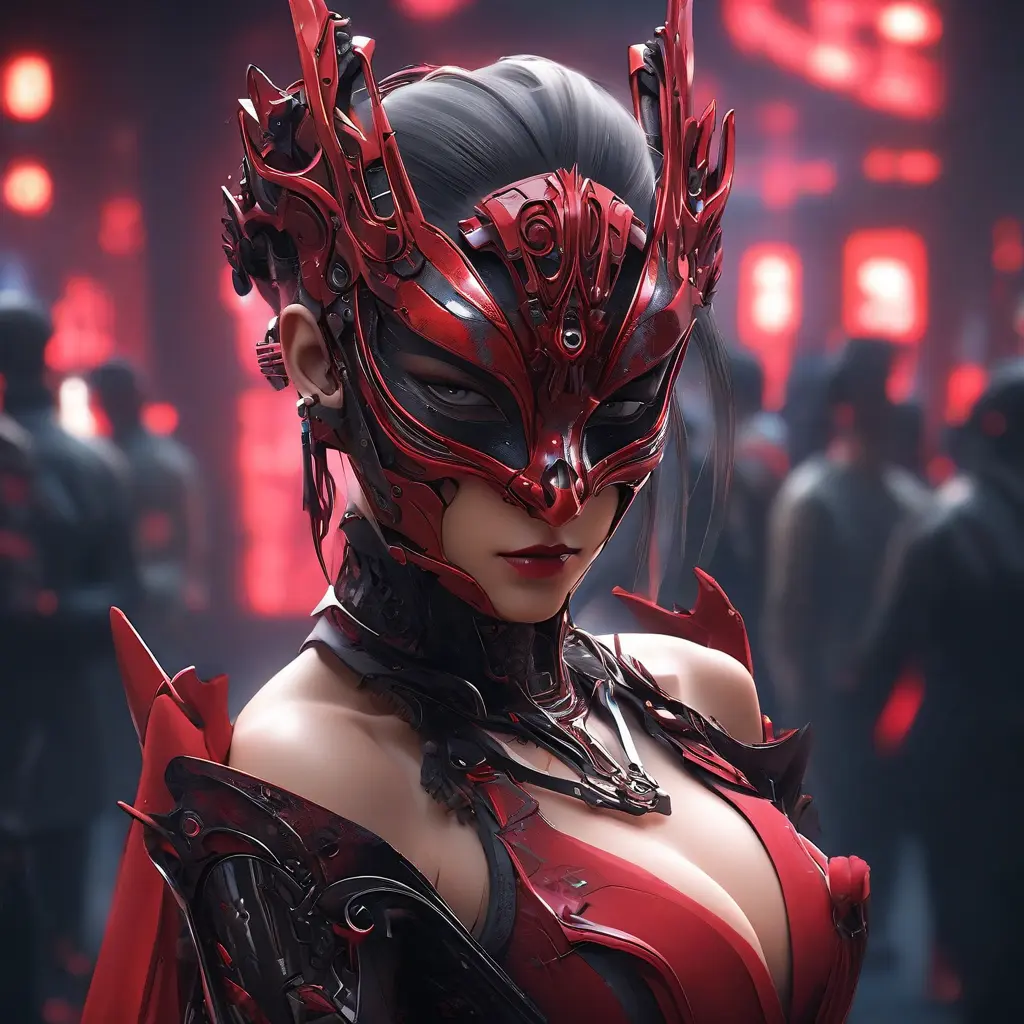 Asian cyberpunk feme fatale in expensive red dress with mask at a masquerade ball smart but dangerous in a high-tech club., Cyberpunk, Photo Realistic