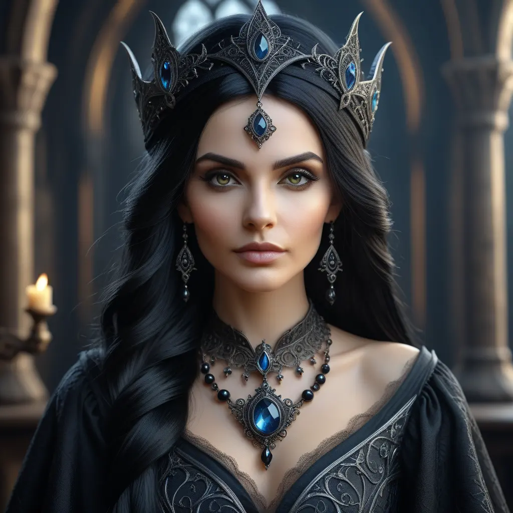 Alluring portrait of a beautiful gothic black haired sorceress in the style of Stefan Kostic, 8k, High Definition, Highly Detailed, Intricate, Half Body, Realistic, Sharp Focus, Fantasy, Elegant