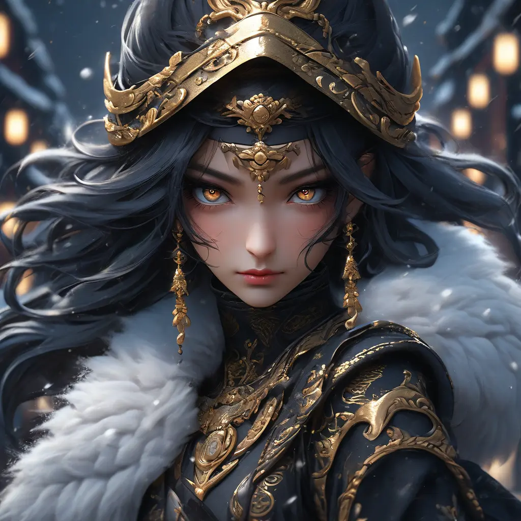 Mysterious beautiful armed kunoichi ninja wearing eyeliner and gold jewelry in the dark snowy streets of tokyo, 8k, Intricate Details, Trending on Artstation, Beautiful, Stunning, Centered by Stanley Artgerm Lau, WLOP