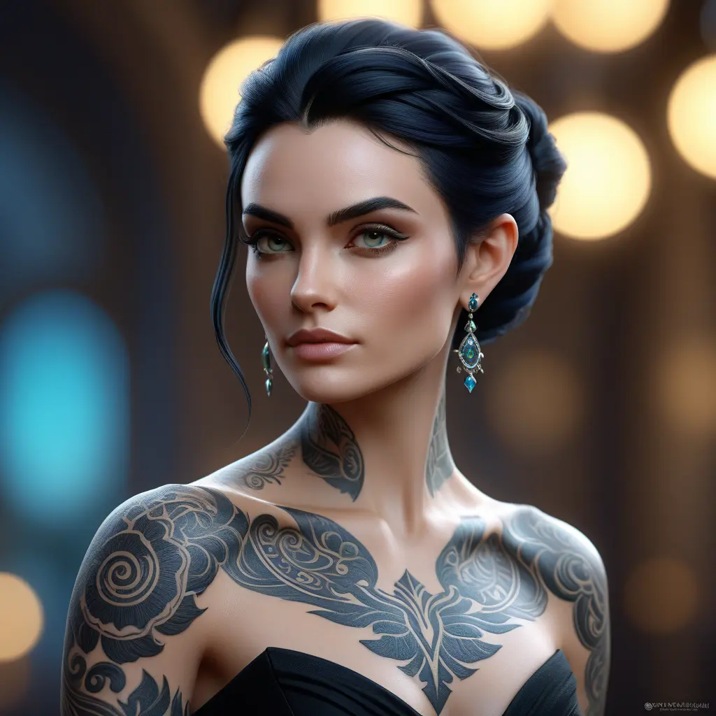 Matte portrait of Morgana with tattoos, 8k, Highly Detailed, Alluring, Artstation, Bokeh effect, Sharp Focus, Volumetric Lighting, Concept Art by Stanley Artgerm Lau, Greg Rutkowski