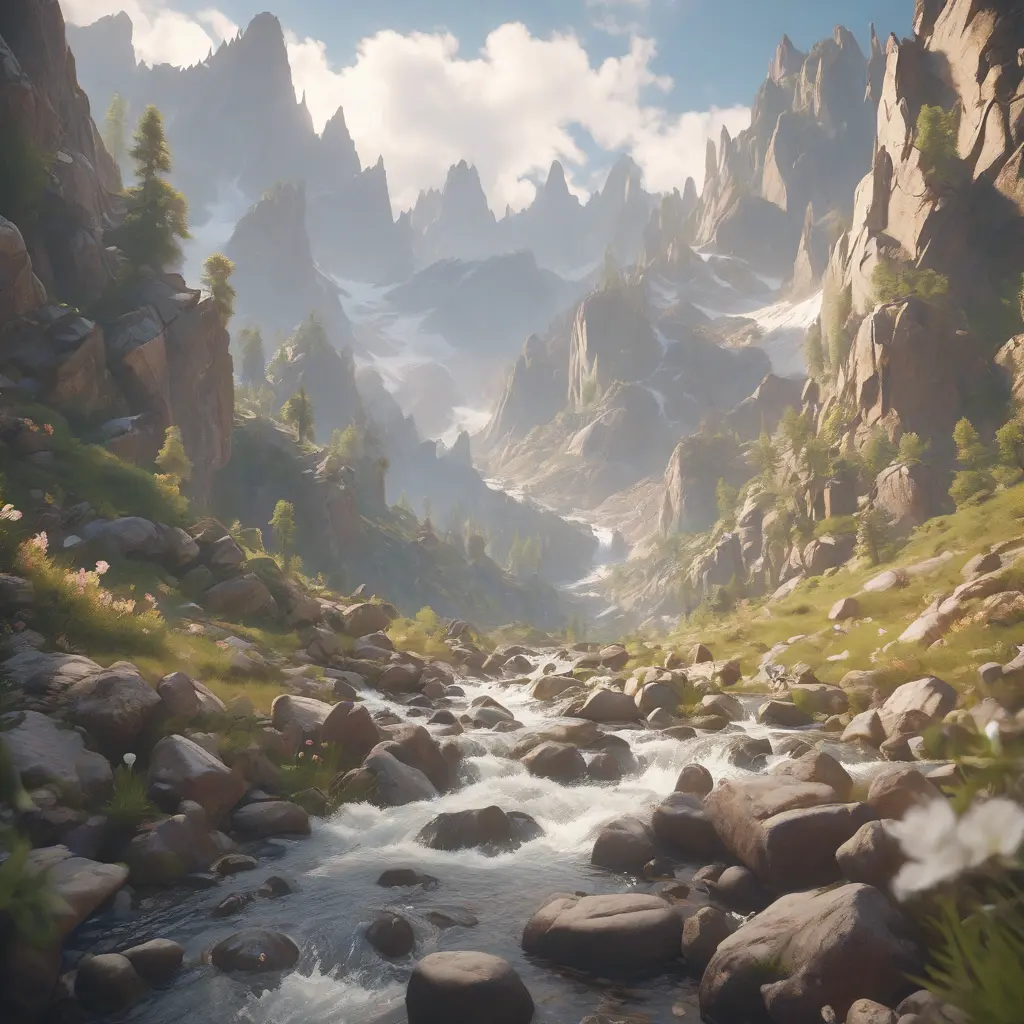 Lake in mountains streams and rivers flow down slopes of mountains and rocks into the valley spring in mountains, 8k, Award-Winning, Highly Detailed, Beautiful, Octane Render, Unreal Engine, Radiant, Volumetric Lighting by Greg Rutkowski