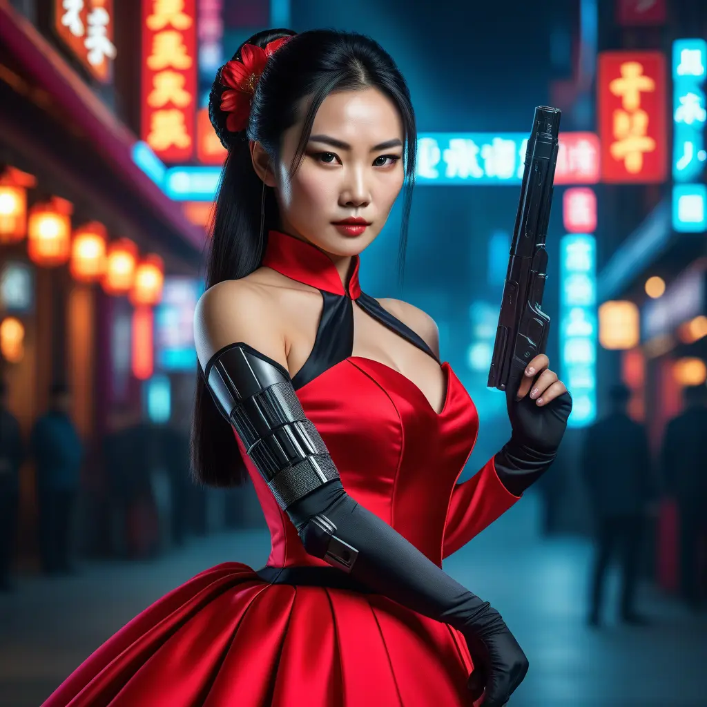 A dangerously armed asian feme fatale in silk red dress at a masquerade ball, Cyberpunk, Sci-Fi, Photo Realistic