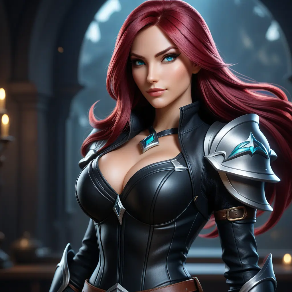 Alluring matte portrait of a beautiful Katarina from League of Legends in black leather, 8k, Half Body, Realistic, Volumetric Lighting, Fantasy by Stanley Artgerm Lau, WLOP