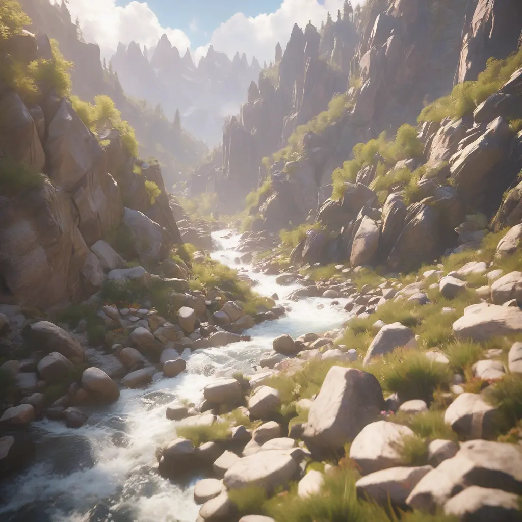 Lake in mountains streams and rivers flow down slopes of mountains and rocks into the valley spring in mountains, 8k, Award-Winning, Highly Detailed, Beautiful, Octane Render, Unreal Engine, Radiant, Volumetric Lighting by Greg Rutkowski