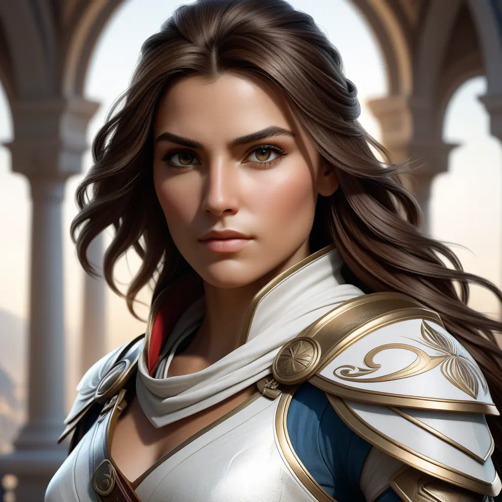 Alluring matte portrait of a fierce looking Kassandra in white Assassin's Creed armor, 8k, Highly Detailed, Intricate, Half Body, Realistic, Sharp Focus, Volumetric Lighting, Fantasy, Elegant by Stanley Artgerm Lau, Alphonse Mucha, WLOP