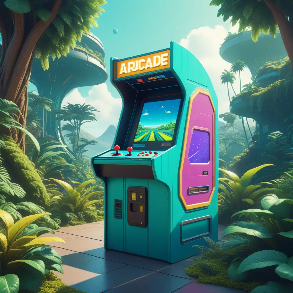 80s futuristic outdoor retro arcade, desolate, lush vegetation, Highly Detailed, Intricate, Artstation, Sharp Focus, Smooth, Octane Render, Centered, Dynamic, Elegant by Beeple, Justin Gerard, James Gilleard, Simon Stalenhag