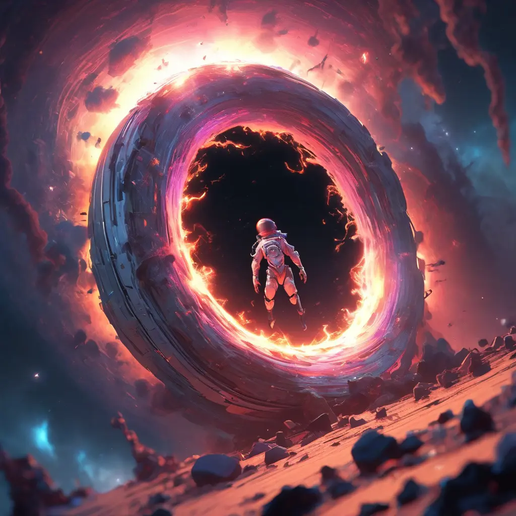 Digital art of Black hole containing strange object astronaut, Sci-Fi, Volumetric Lighting