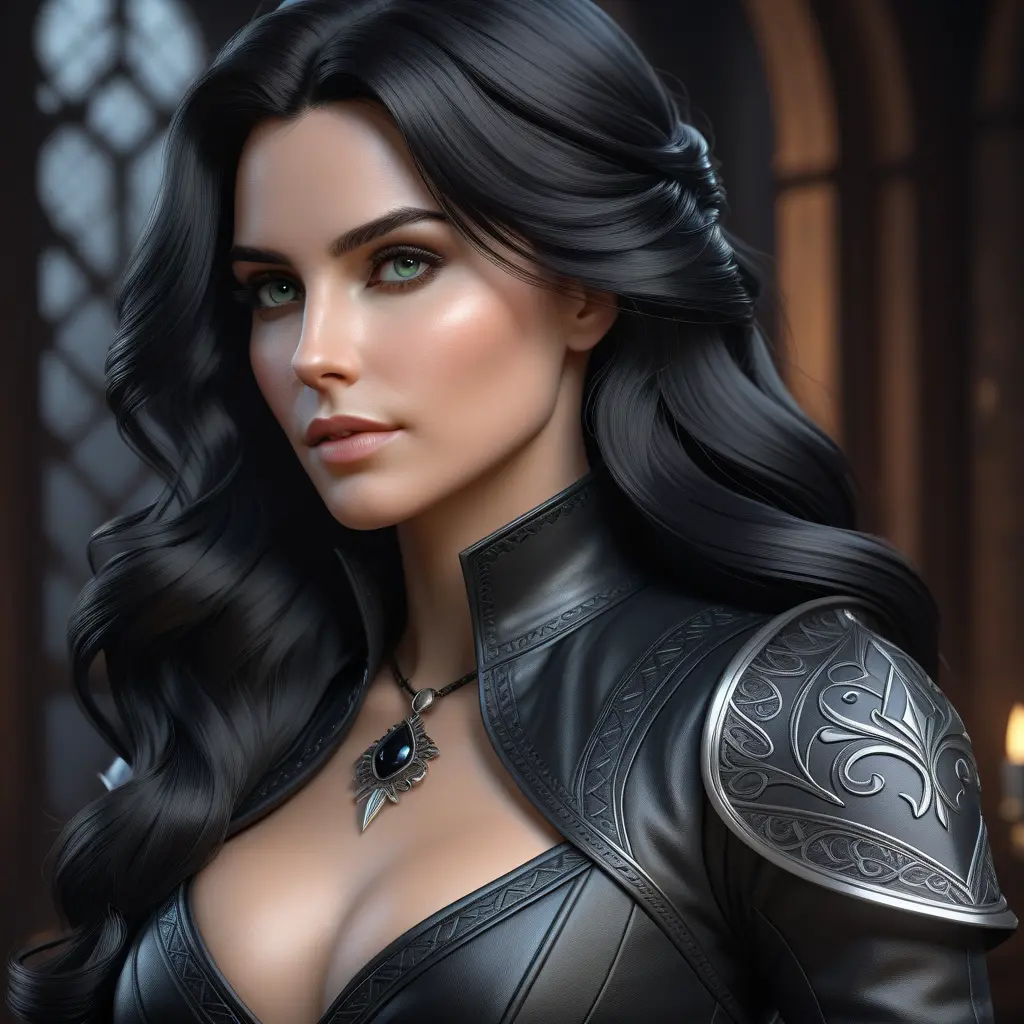 Alluring matte half body portrait of a beautiful Yennefer wearing tight black leather, 8k, Highly Detailed, Intricate, Realistic, Sharp Focus, Volumetric Lighting, Fantasy, Elegant by Stanley Artgerm Lau, WLOP