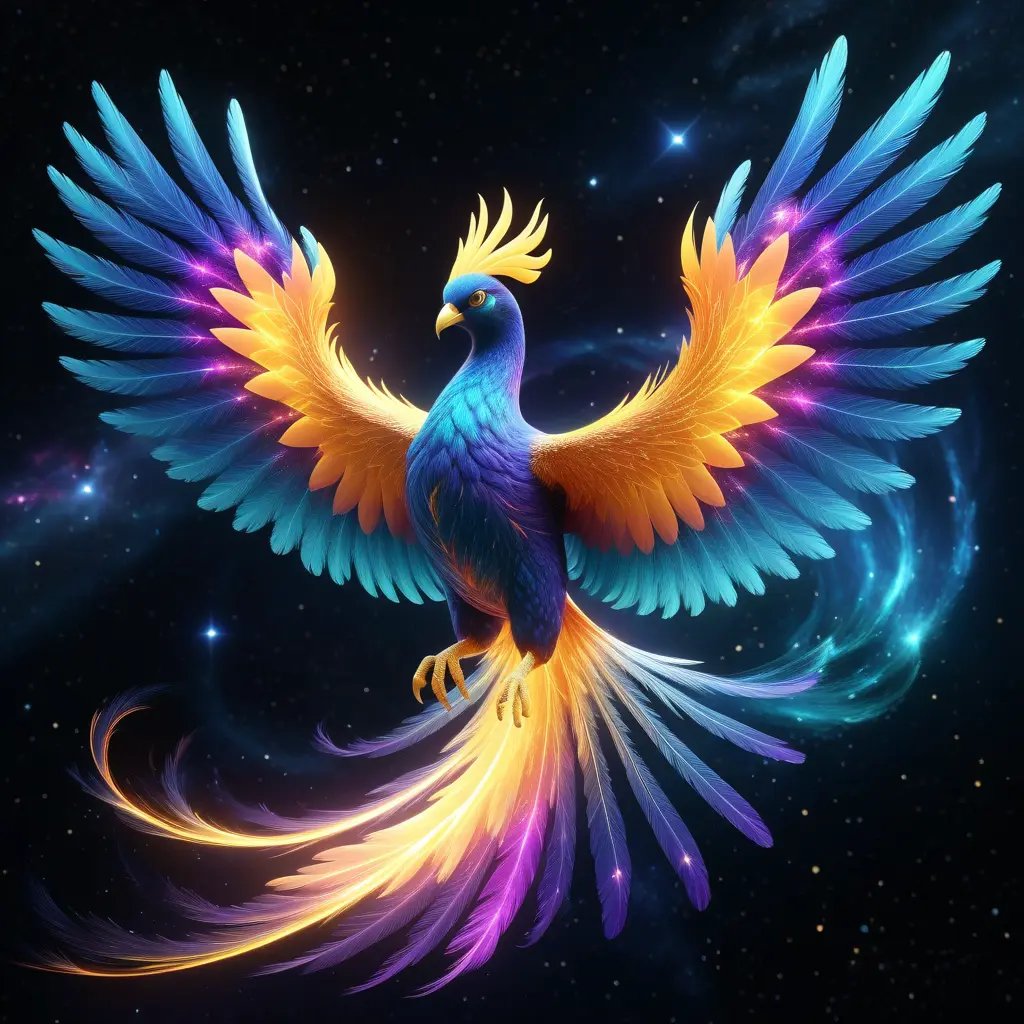 The Nebula Phoenix is a cosmic bird with wings that resemble swirling galaxies. Witness the physics of space and time as it flaps through the digital cosmos, Unreal Engine, Volumetric Lighting, Vibrant Colors