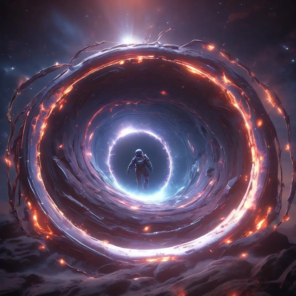 Digital art of Black hole containing strange object astronaut, Sci-Fi, Volumetric Lighting