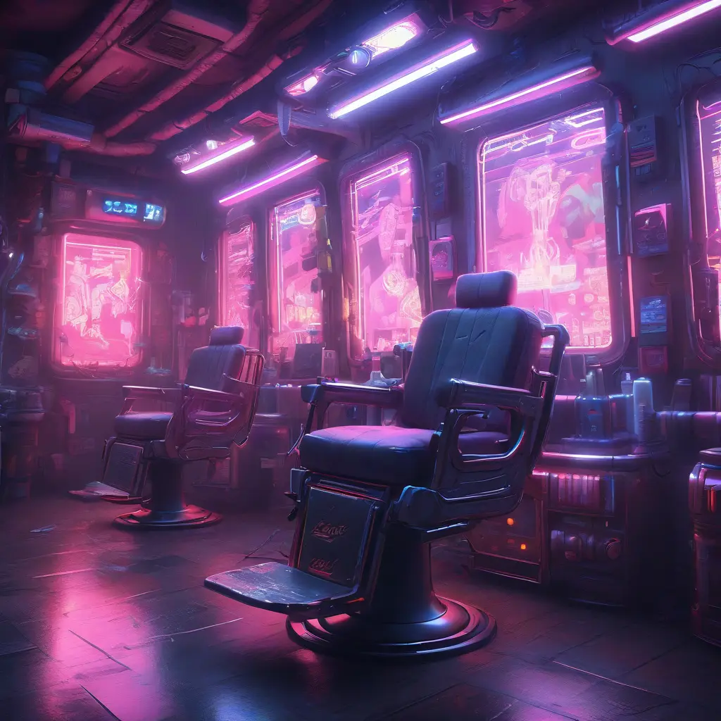 inside of a cyberpunk barber shop, 8k, Dystopian, High Definition, Highly Detailed, Hyper Detailed, Intricate, Intricate Artwork, Intricate Details, Ultra Detailed, Cgsociety, Cybernatic and Sci-Fi, Post-Apocalyptic, Futuristic, Sci-Fi, Science Fiction, Matte Painting, Sharp Focus by Stefan Kostic