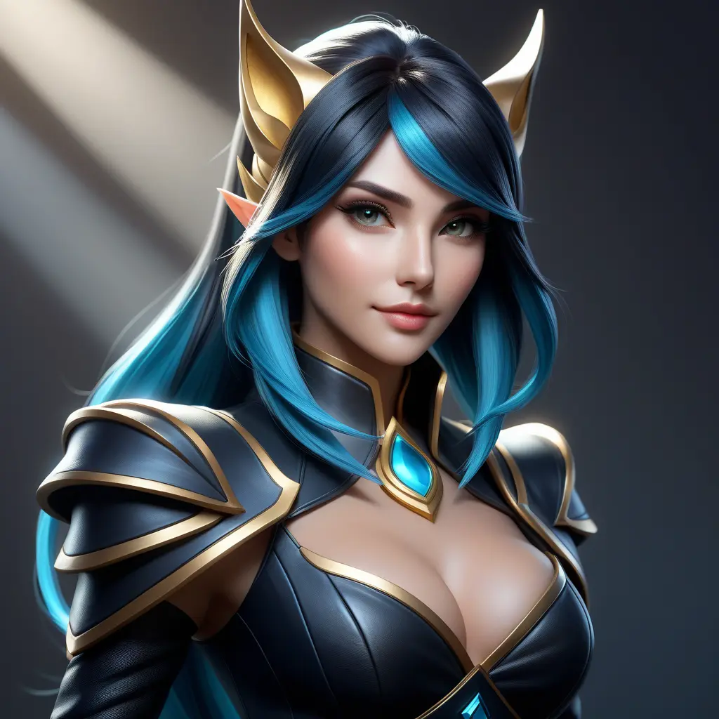 Alluring matte portrait of a beautiful Sona from League of Legends in black leather, 8k, Half Body, Realistic, Volumetric Lighting, Fantasy by Stanley Artgerm Lau, WLOP