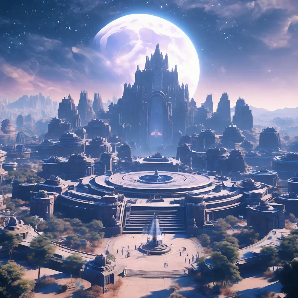 Distant view of a large round indigo temple in the center of a futuristic community. Extraterrestrial landscape. The moon and stars can be seen in the sky even during the day., 8k, Sci-Fi