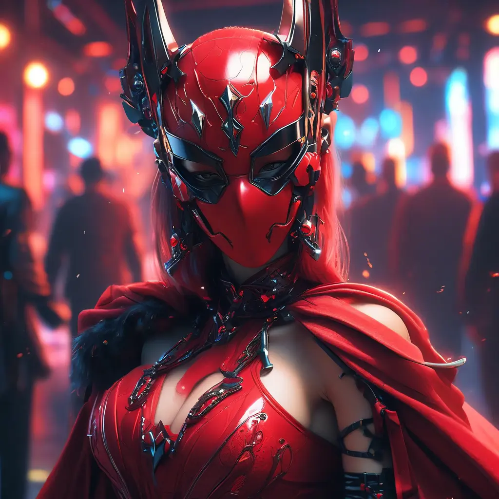 Asian cyberpunk feme fatale in expensive red dress with mask at a masquerade ball smart but dangerous in a high-tech club., Cyberpunk, Photo Realistic