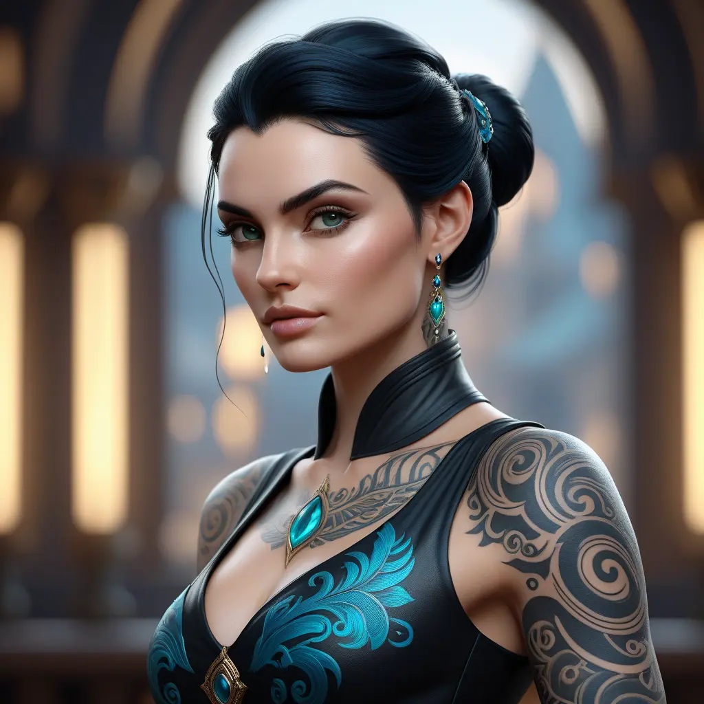 Matte portrait of Morgana with tattoos, 8k, Highly Detailed, Alluring, Artstation, Bokeh effect, Sharp Focus, Volumetric Lighting, Concept Art by Stanley Artgerm Lau, Greg Rutkowski