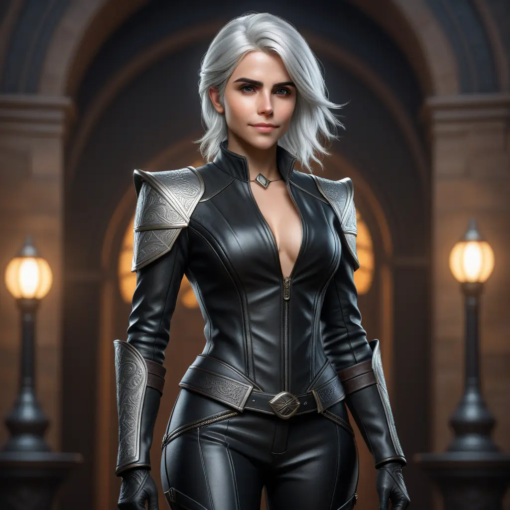 Alluring matte full body portrait of a beautiful Ciri wearing a black leather suit, 8k, Highly Detailed, Intricate, Realistic, Sharp Focus, Volumetric Lighting, Fantasy, Elegant by Stanley Artgerm Lau, WLOP