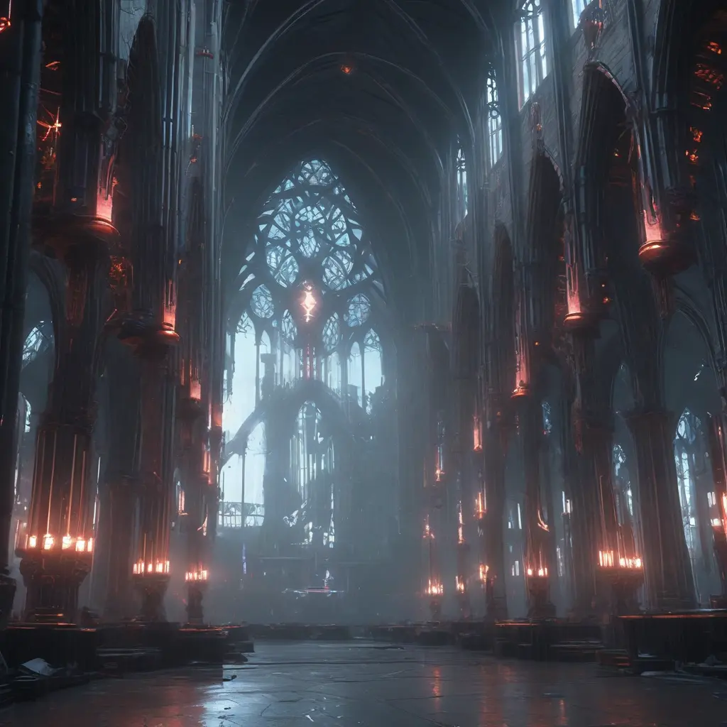 Cyberpunk Cathedral in a dystopian future, Dystopian, Cybernatic and Sci-Fi