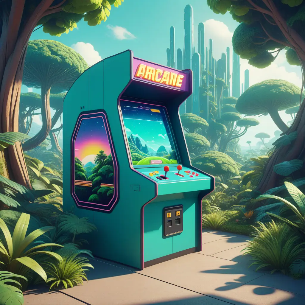 80s futuristic outdoor retro arcade, desolate, lush vegetation, Highly Detailed, Intricate, Artstation, Sharp Focus, Smooth, Octane Render, Centered, Dynamic, Elegant by Beeple, Justin Gerard, James Gilleard, Simon Stalenhag