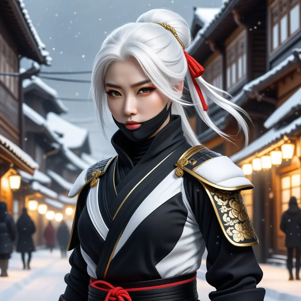 Mysterious beautiful white kunoichi ninja wearing black, red and gold in the streets of a dark snowy town in russia, 8k, Intricate Details, Trending on Artstation, White Hair by Stanley Artgerm Lau, WLOP