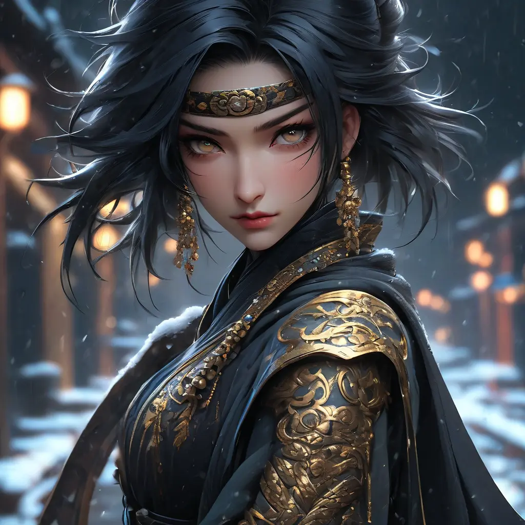 Mysterious beautiful armed kunoichi ninja wearing eyeliner and gold jewelry in the dark snowy streets of tokyo, 8k, Intricate Details, Trending on Artstation, Beautiful, Stunning, Centered by Stanley Artgerm Lau, WLOP