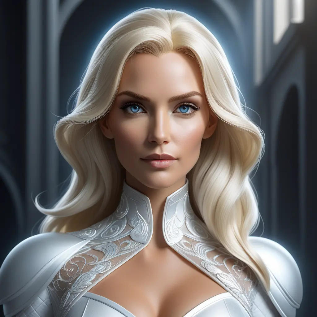 Alluring matte portrait of a beautiful Emma Frost: from Xmen in the style of Stefan Kostic, 8k, Highly Detailed, Intricate, Half Body, Realistic, Sharp Focus, Volumetric Lighting, Fantasy, Elegant by Stanley Artgerm Lau, Greg Rutkowski