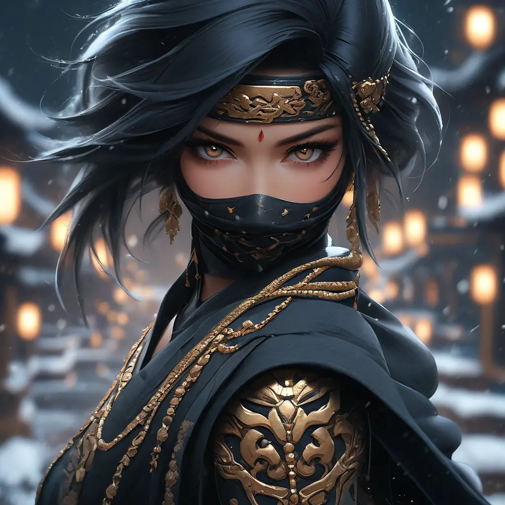 Mysterious beautiful armed kunoichi ninja wearing eyeliner and gold jewelry in the dark snowy streets of tokyo, 8k, Intricate Details, Trending on Artstation, Beautiful, Stunning, Centered by Stanley Artgerm Lau, WLOP