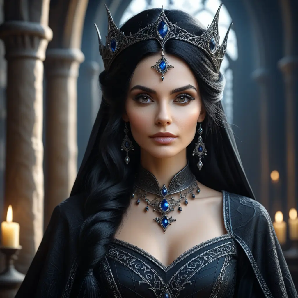 Alluring portrait of a beautiful gothic black haired sorceress in the style of Stefan Kostic, 8k, High Definition, Highly Detailed, Intricate, Half Body, Realistic, Sharp Focus, Fantasy, Elegant