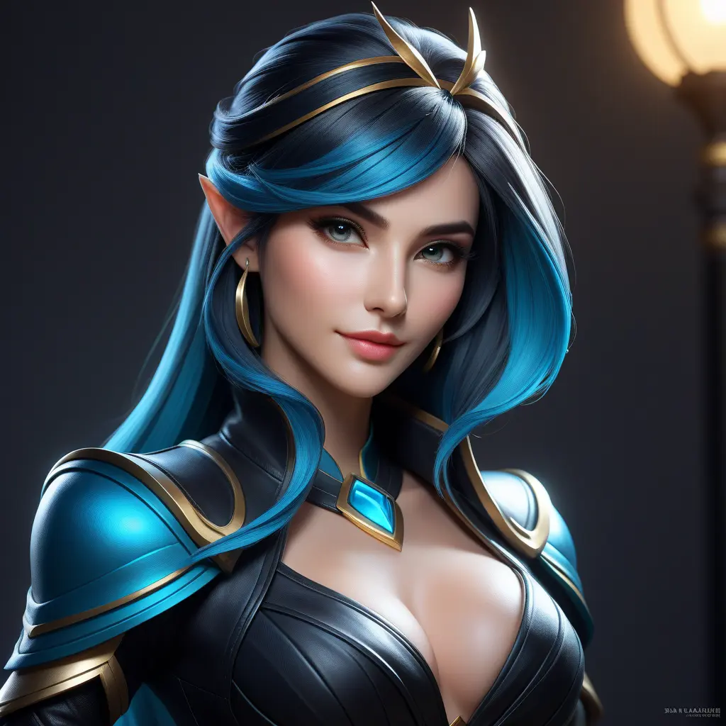 Alluring matte portrait of a beautiful Sona from League of Legends in black leather, 8k, Half Body, Realistic, Volumetric Lighting, Fantasy by Stanley Artgerm Lau, WLOP