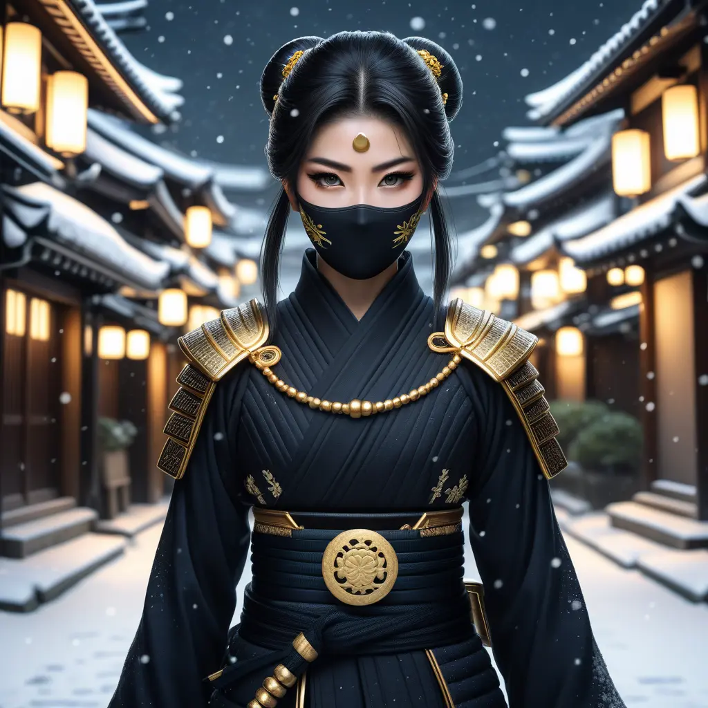 Mysterious beautiful armed kunoichi ninja wearing eyeliner and gold jewelry in the dark snowy streets of tokyo, 8k, Intricate Details, Trending on Artstation, Beautiful, Stunning, Centered by Stanley Artgerm Lau, WLOP