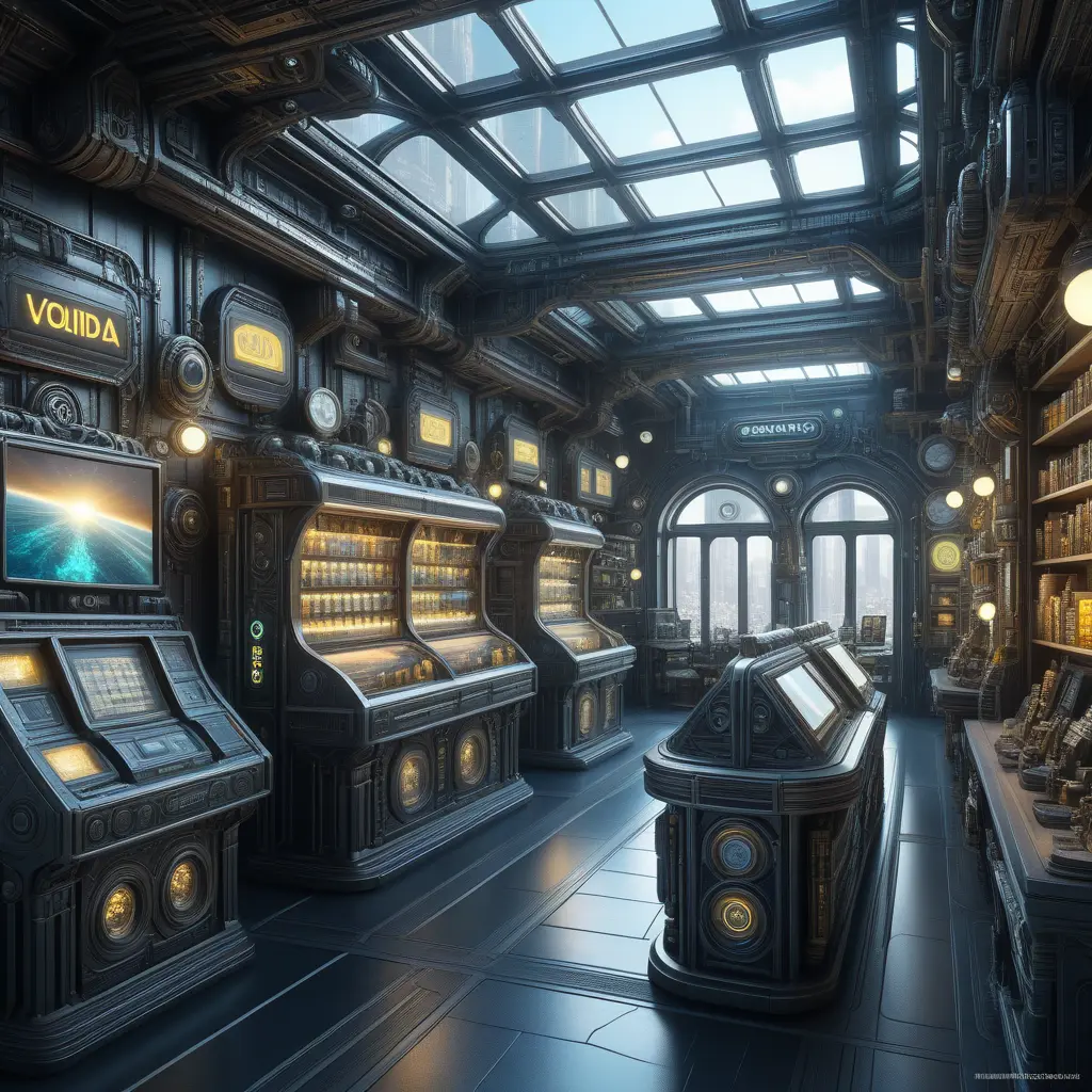 futuristic antique shop, 8k, Dystopian, High Definition, Highly Detailed, Hyper Detailed, Intricate, Intricate Artwork, Intricate Details, Ultra Detailed, Cgsociety, Cybernatic and Sci-Fi, Post-Apocalyptic, Biomechanical, Biopunk, Cassette Futurism, Cyberpunk, Futuristic, Lunarpunk, Pixiecore, Sci-Fi, Science Fiction, Solarpunk, Sparklecore, Unimaginable Beauty, Voidpunk, Matte Painting, Sharp Focus by Stefan Kostic