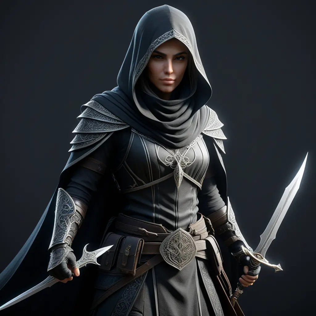 Veiled Assassin with daggers, 8k, Highly Detailed, Artstation, Illustration, Sharp Focus, Unreal Engine, Volumetric Lighting, Concept Art