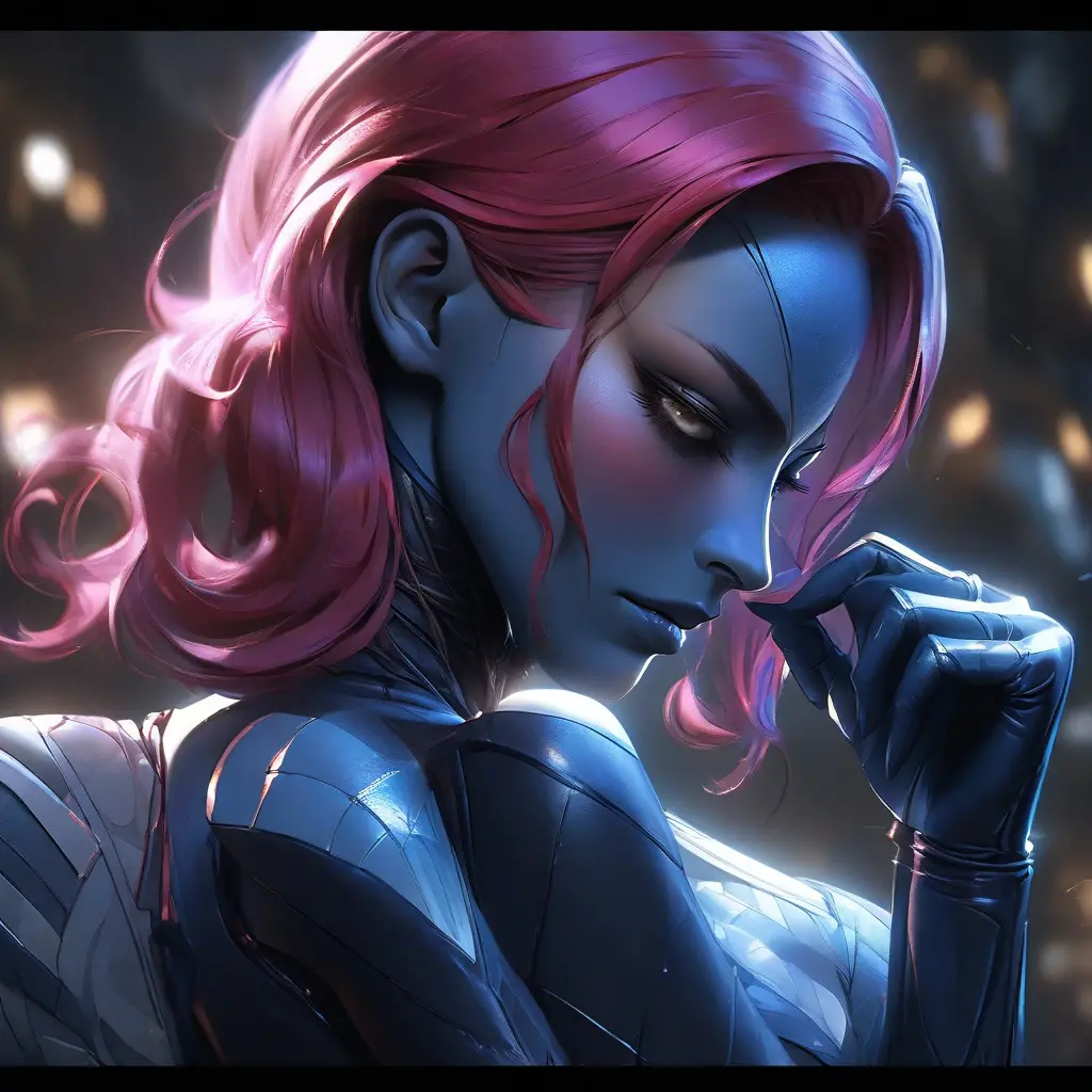 Alluring matte portrait of a beautiful Mystique from Xmen in the style of Stefan Kostic, 8k, Highly Detailed, Intricate, Half Body, Realistic, Sharp Focus, Volumetric Lighting, Fantasy, Elegant by Stanley Artgerm Lau, Greg Rutkowski