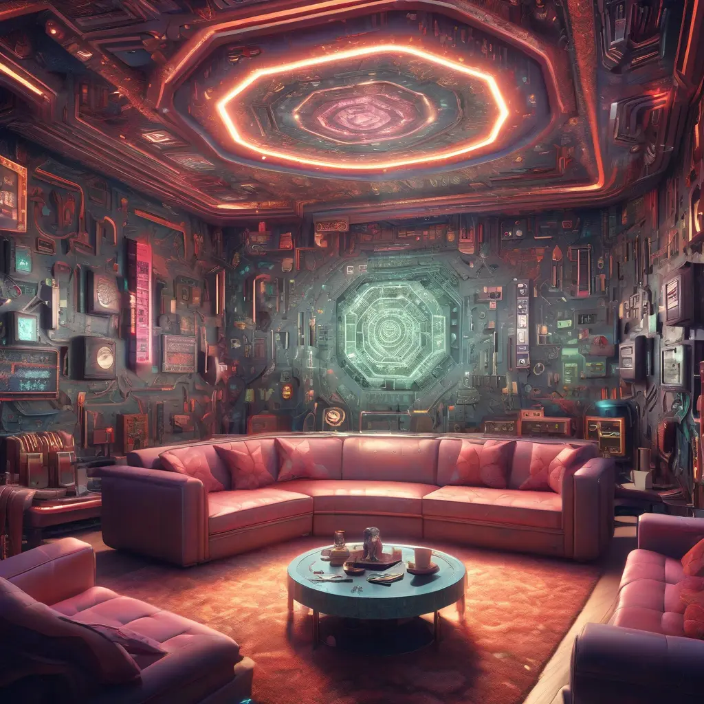 Imagine a modern and technology-inspired living room with a unique twist. The centerpiece of the room is a striking circuit board interior wallpaper that covers one wall. The wallpaper features intricate circuit board diagrams, electronic symbols, and vibrant metallic tones, Vintage Illustration, Retro-Futurism, Sci-Fi by Greg Rutkowski