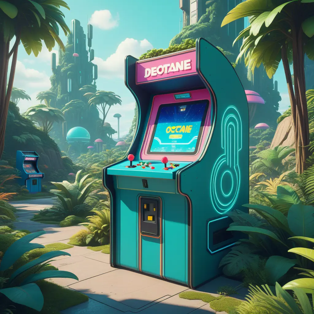 80s futuristic outdoor retro arcade, desolate, lush vegetation, Highly Detailed, Intricate, Artstation, Sharp Focus, Smooth, Octane Render, Centered, Dynamic, Elegant by Beeple, Justin Gerard, James Gilleard, Simon Stalenhag