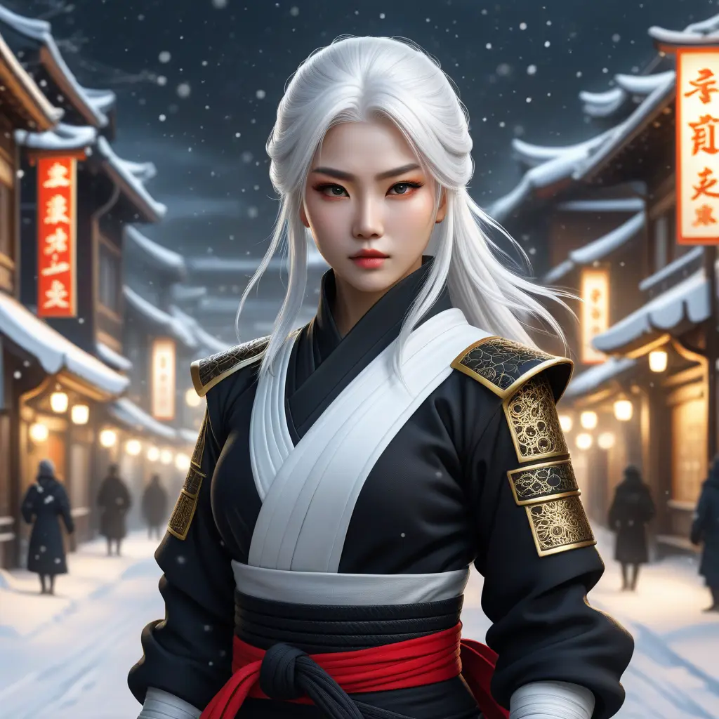 Mysterious beautiful white kunoichi ninja wearing black, red and gold in the streets of a dark snowy town in russia, 8k, Intricate Details, Trending on Artstation, White Hair by Stanley Artgerm Lau, WLOP