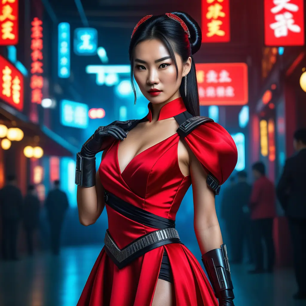 A dangerously armed asian feme fatale in silk red dress at a masquerade ball, Cyberpunk, Sci-Fi, Photo Realistic