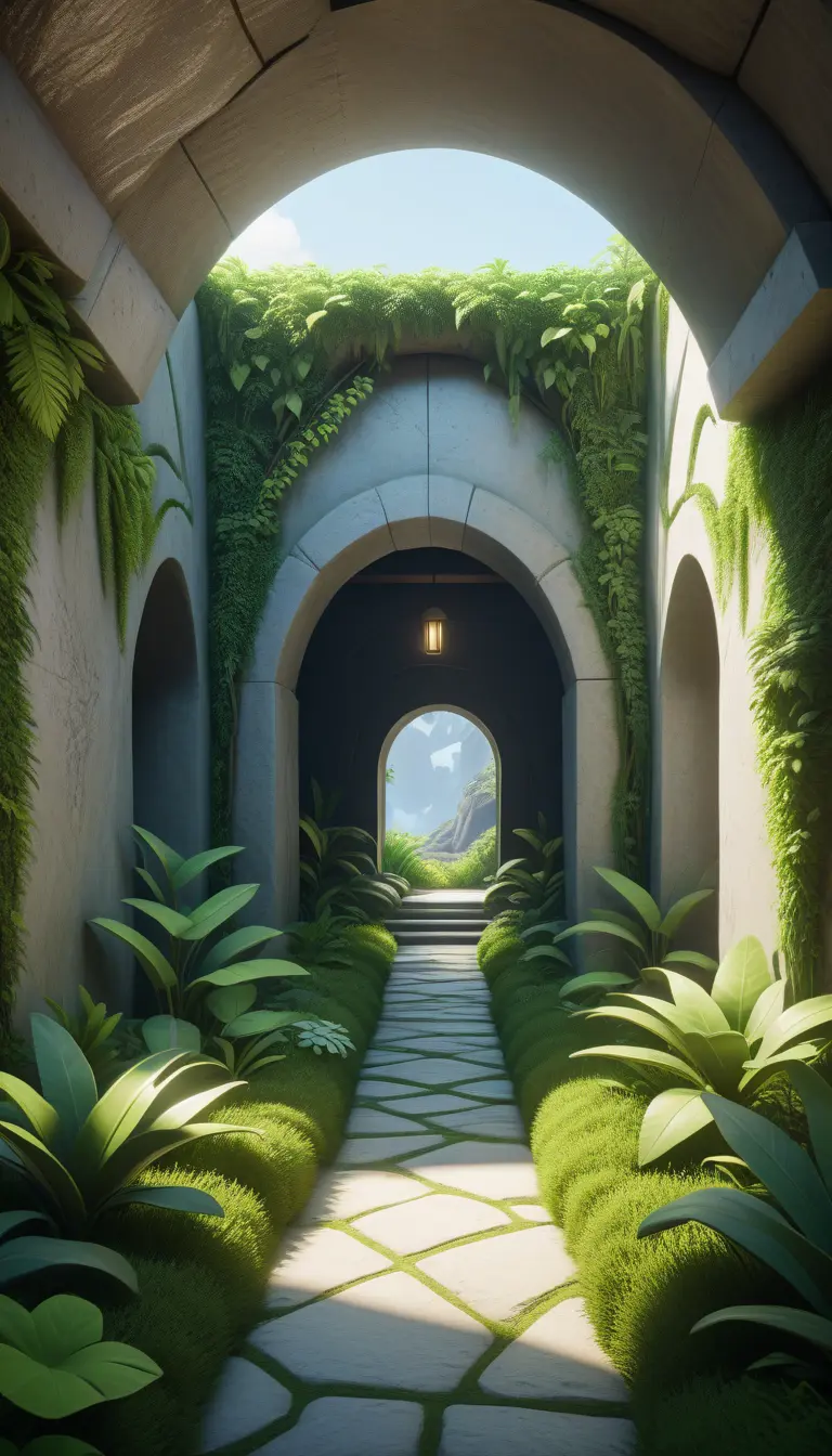 Arc hallway for secret overwatch habitation quarters carved inside a cave surrounding a lush garden, 8k, Trending on Artstation, Minimalism, Unimaginable Beauty, Sharp Focus, 3D Rendering, Unreal Engine, Natural Light, Concept Art, Naturalism